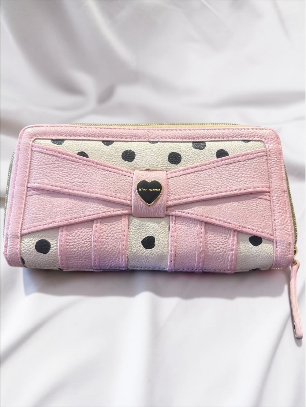 Betsey Johnson Pink Polka Dot Bow Heart Zip Around Wallet • Coquette Y2K Style